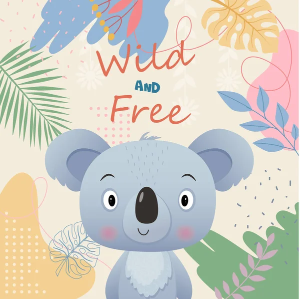 Wild en gratis Illustratie van kleine schattige koala met bladeren en bloemen Lente en zomer op gele achtergrond — Stockvector