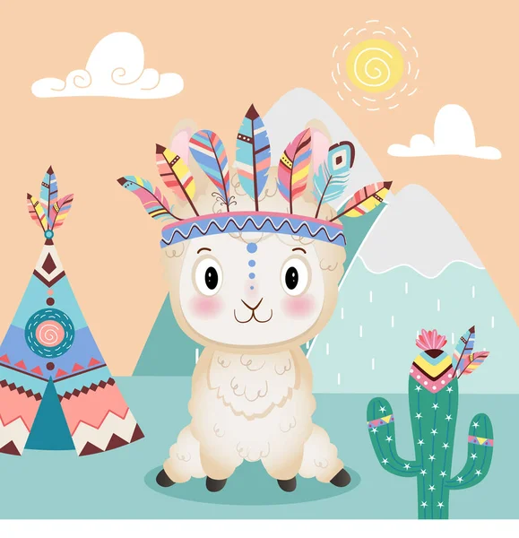 Ilustración de pequeño lama lindo con plumas de cactus wigwam y montañas sobre fondo amarillo — Vector de stock