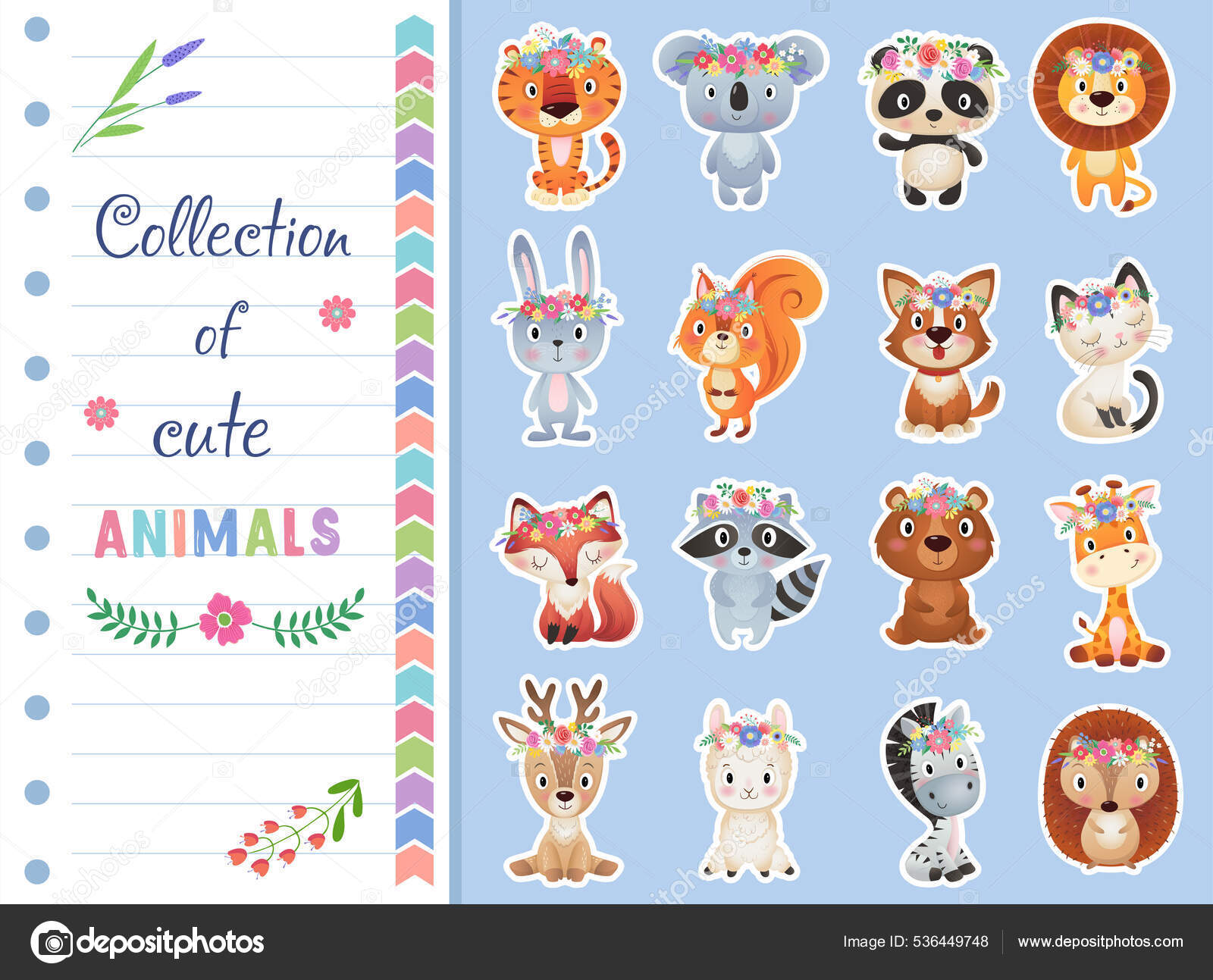 Cute Summer Spring Animals Sticker Collection Flower Wreath Blue ...