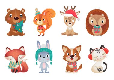 Renkli farklı noeller ve mutlu yıllar beyaz arka planda Noel ağacı olan sevimli amimaller.