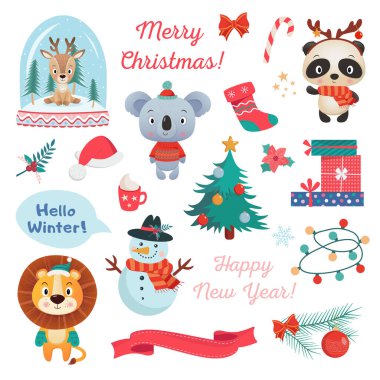 Renkli farklı noeller ve mutlu yeni yıl dekorasyonları, sevimli amimaller ve beyaz arkaplanda