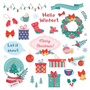 Beyaz arka planda büyük renkli farklı noeller ve mutlu yeni yıl dekorasyonları.