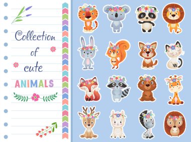 Tatlı yaz ve bahar hayvanları çıkartma koleksiyonu, mavi arka planda çiçek çelengi