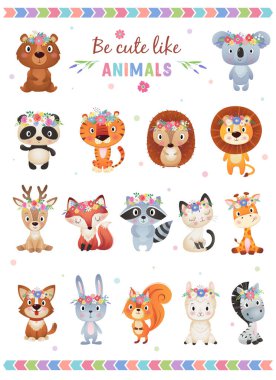 Hayvanlar gibi sevimli olun Tatlı yaz ve bahar hayvanları koleksiyonu, beyaz arka planda çiçek çelengi