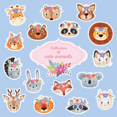 Tatlı yaz ve bahar hayvanları başlık koleksiyonu, mavi arka planda çiçek çelengi