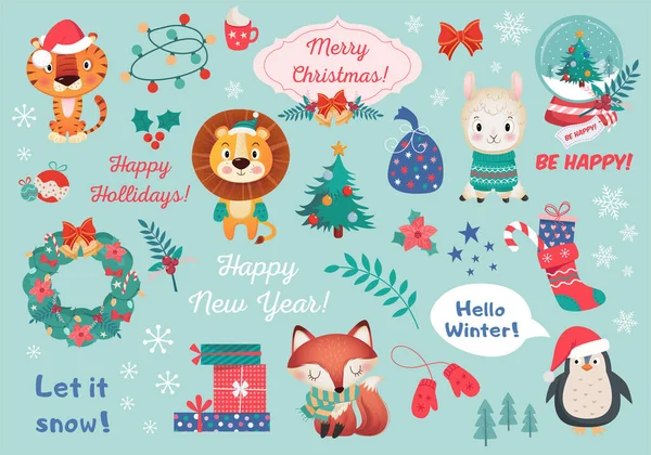 Big Colorful Set Different Cristmas Happy New Year Decoration Cute — Stock Vector