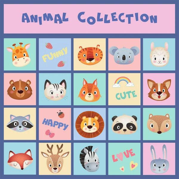 Cute Animals Head Multicolored Tiles Collection — Stock Vector