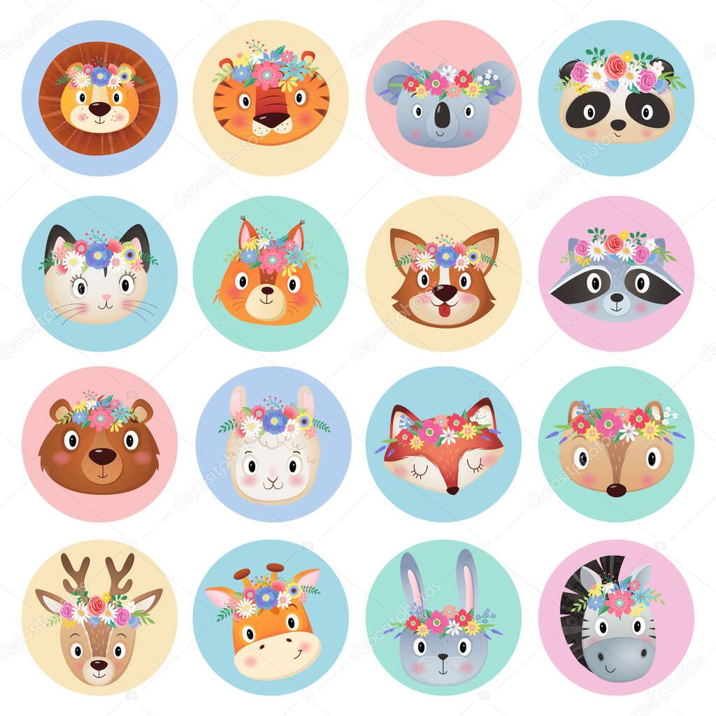 Cute summer and Spring animals head in a circle collection , flower wreath on white Background