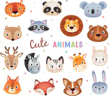 Beyaz arka planda sevimli hayvan kafası koleksiyonu.