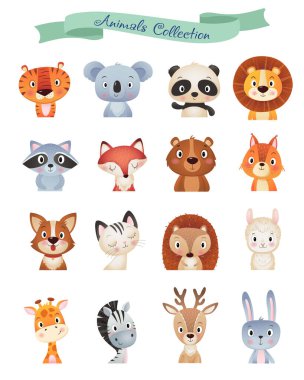 Beyaz arka planda sevimli hayvan kafası koleksiyonu.