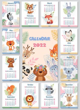 Güzel bir 2022 Yıllık Takvim tasarımı. Çiçekli. Beyaz arka planda Hintli hayvanların tüylerini bırakıyor.