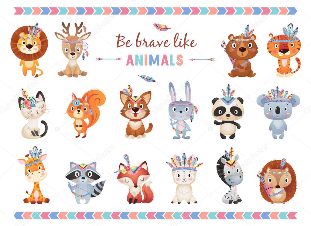 Be brave like animals Cute brave ethnic Indians animals with feathers collection on white Background