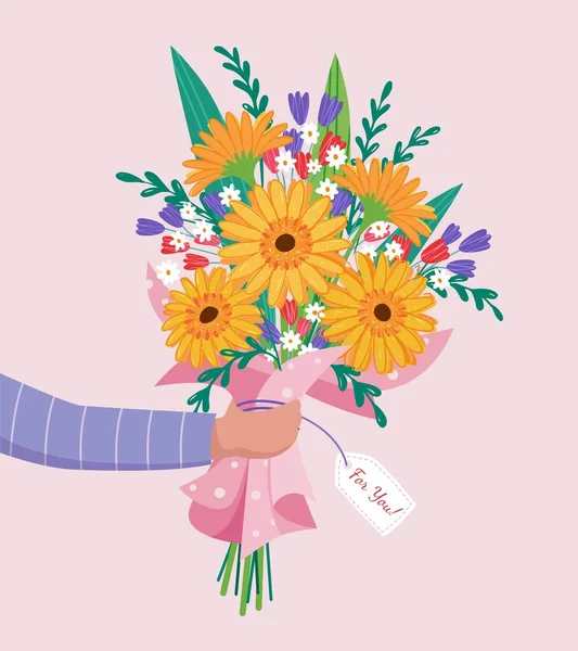 Vector Bouquet Hand hält Gerbera, von roten, orangen, gelben, blauen und lila Blüten isoliert auf einem rosa Hintergrund. 8. März Valentinstag — Stockvektor
