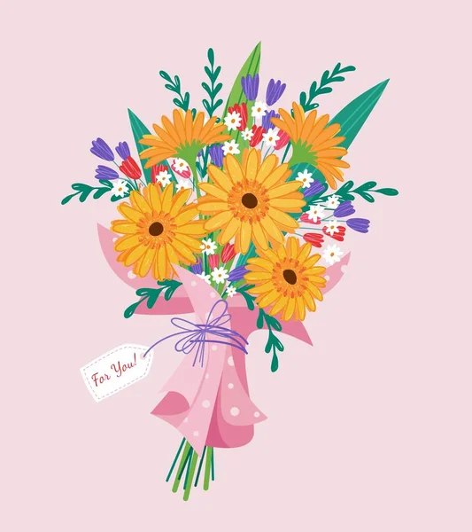 Kırmızı, turuncu, sarı, mavi ve mor çiçekli, pembe arkaplanlı bir buket. 8 Mart Sevgililer Günü — Stok Vektör