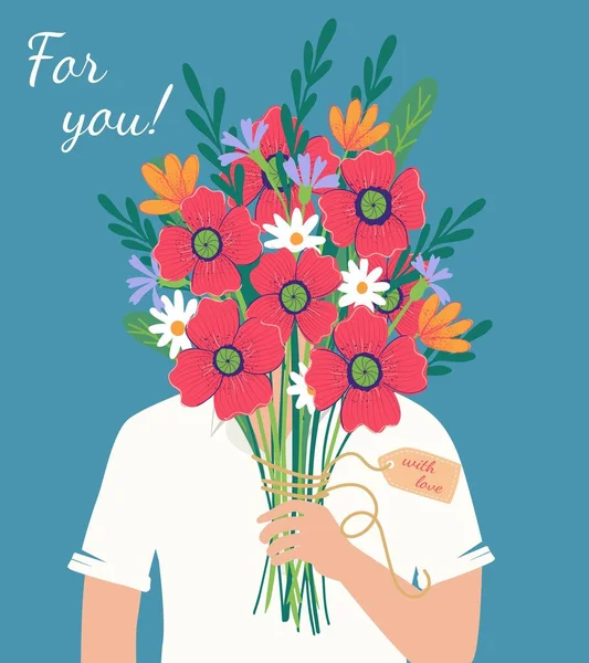 Ramillete vectorial que sostiene amapolas de hombre, de flores rojas, anaranjadas, amarillas, azules y púrpuras aisladas sobre un fondo azul. 8 de marzo Día de San Valentín — Vector de stock