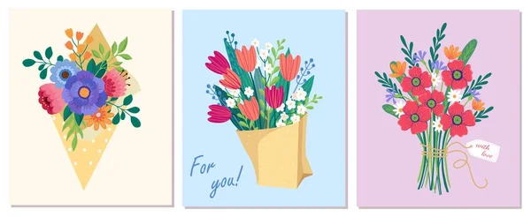 Conjunto de Vector buquê mão segurando flores silvestres, papoilas, tulipas de vermelho, laranja, amarelo, azul e roxo flores isoladas em um fundo rosa. Março 8 Dia dos Namorados —  Vetores de Stock