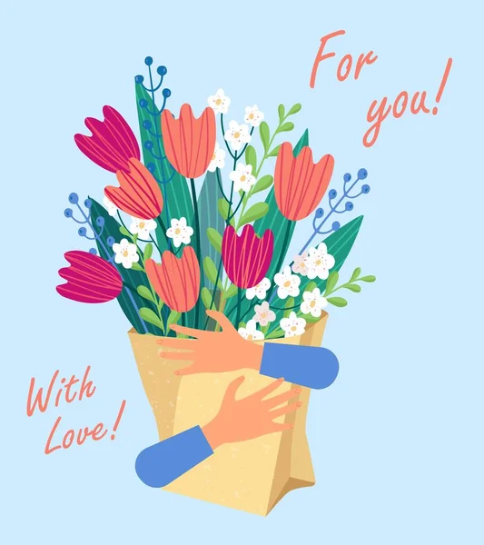 Ramo vectorial de mano con tulipanes en el paquete, de flores rojas, anaranjadas, amarillas, azules y púrpuras aisladas sobre un fondo azul. 8 de marzo Día de San Valentín — Vector de stock