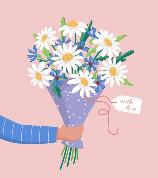 Ramillete vectorial de mano que sostiene manzanilla, de flores rojas, anaranjadas, amarillas, azules y púrpuras aisladas sobre un fondo rosa. 8 de marzo Día de San Valentín — Archivo Imágenes Vectoriales