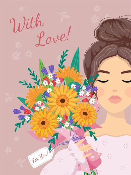 Con amor, belleza, regalo, concepto de amor. Mujer joven niña de dibujos animados escondido detrás del ramo de flores gerberas sobre fondo rosa. ilustración presente del día de las mujeres. 8 de marzo Día de San Valentín — Archivo Imágenes Vectoriales