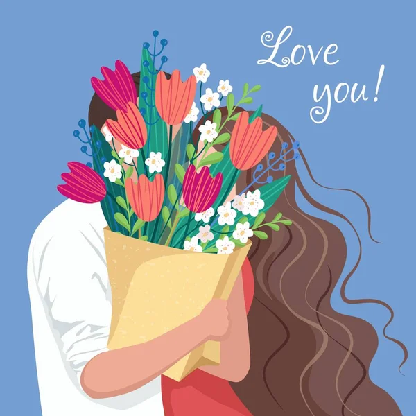 Te quiero. Belleza, regalo, amor concepto de abrazo. Mujer joven chica de dibujos animados escondido detrás del ramo de flores tulipanes sobre fondo azul. ilustración presente del día de las mujeres. 8 de marzo Día de San Valentín — Archivo Imágenes Vectoriales