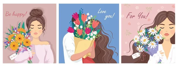 아름다움 , 선물 , 포옹 이라는 개념. 소녀는 꽃다발 뒤에 파란색 과 분홍색 배경에 튤립 꽃을 숨기고 있는 그림을 그렸다. 오늘날의 여자들의예. 3 월 8 일 발렌틴의 날 — 스톡 벡터