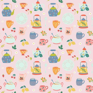 Pembe arka planda el yapımı çaydanlık ve fincan deseni. Kafe ve restoran menüsü tasarımı için çay saati simgeleri üzerine vektör illüstrasyonu
