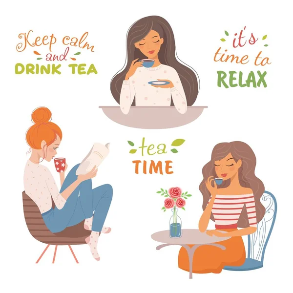 Illustration Tea Time Girls Tea Text Freehand Drawing Isolated White — Stock Vector