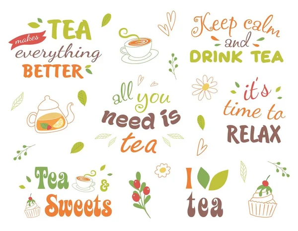 Quotes Tea Typography Set Cups Teapotand Sweets Calligraphy Hand Written — Stock Vector