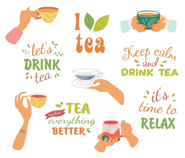 Collection of hands holding hot drinks and beverage with text. Brewing or pouring green and black or matcha tea, cacao, espresso coffee with sugar. Flat vector cartoon illustration isolated on white. — Stock Vector