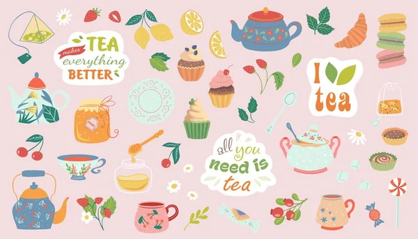 Colección de tetera y taza dibujada a mano aislada sobre fondo rosa. Ilustración vectorial accesorios de té y dulces para la ceremonia del té para cafetería y restaurante. — Archivo Imágenes Vectoriales