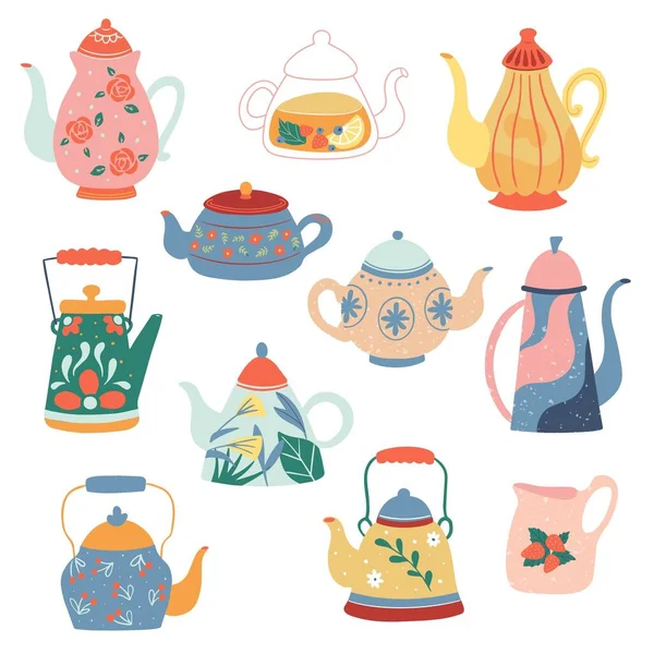 Collection de théières dessinées à la main isolées sur fond blanc. Illustration vectorielle accessoires thé pour cérémonie du thé pour café et restaurant. — Image vectorielle