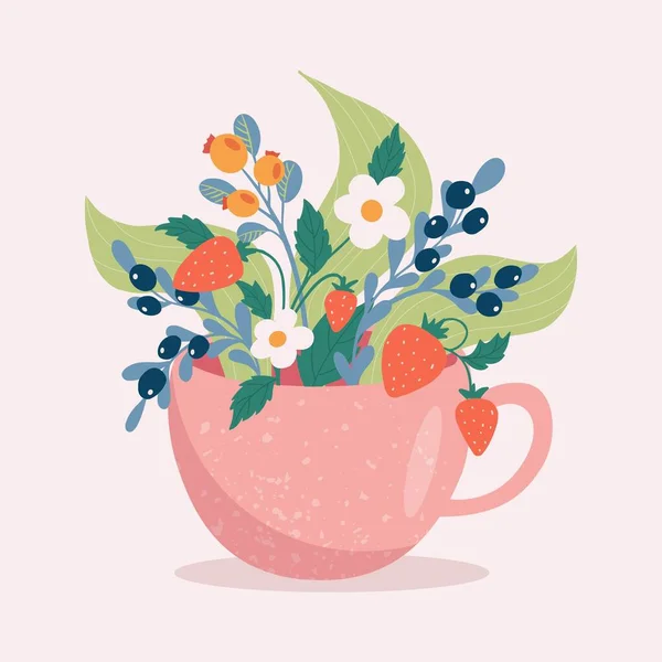 Coupe dessinée à la main avec des baies, fraise isolée sur fond rose. Illustration vectorielle sur les icônes de l'heure du thé pour la conception du menu café et restaurant — Image vectorielle