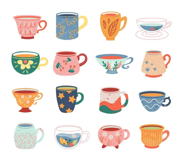 Collection de tasses dessinées à la main isolées sur fond blanc. Illustration vectorielle accessoires thé pour cérémonie du thé pour café et restaurant. — Image vectorielle