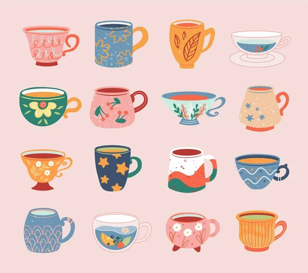 Collection de tasses dessinées à la main isolées sur fond rose. Illustration vectorielle accessoires thé pour cérémonie du thé pour café et restaurant. — Image vectorielle