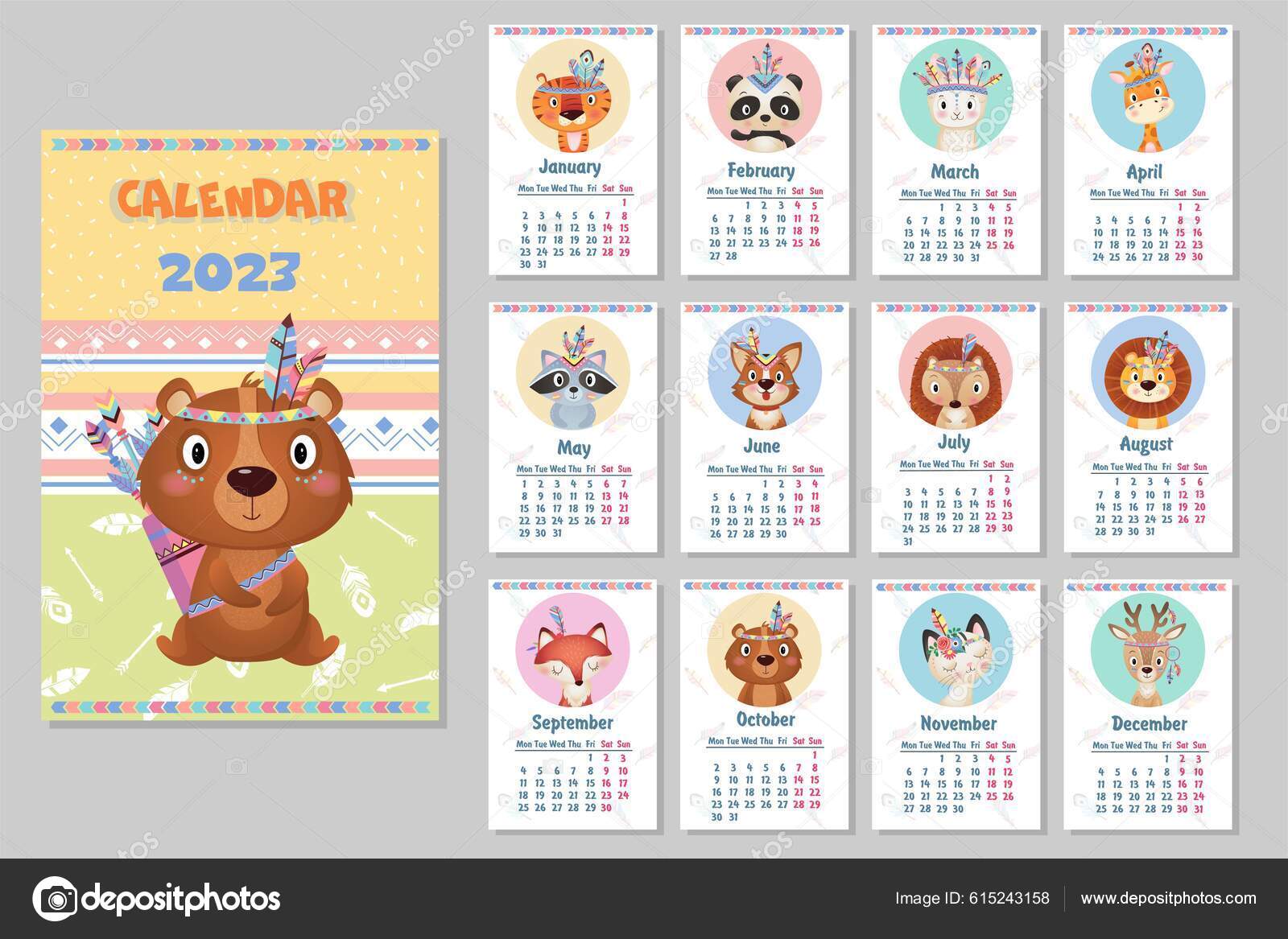 Stylish 2023 Cute Yearly Calendar Design Wild Indians Animals White