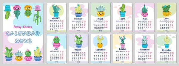 Kalendarz 2023 Wektor Giełdowy Zabawny Uroczy Kalendarz Ręcznie Rysowane Soczewki — Wektor stockowy
