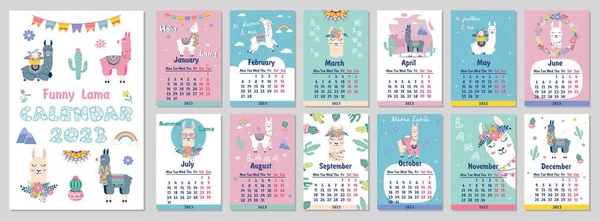 2023 Słodki Miesięczny Kalendarz Lamą Bagażem Kaktusem Geometryczny Dla Dzieci — Wektor stockowy