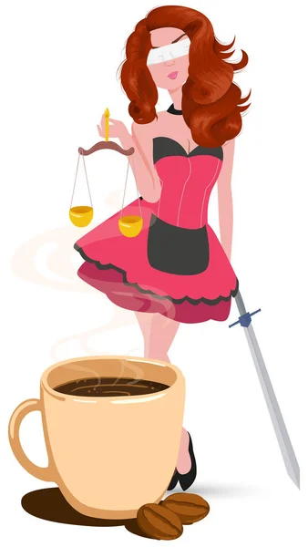 the goddess of justice Themis stands near a cup of coffee - coffee is a human right