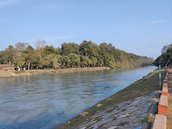 Pilibhit Tiger Reserve, Uttar Pradesh, Hindistan 'daki Bifurkasyon Noktasından Kanal Manzarası