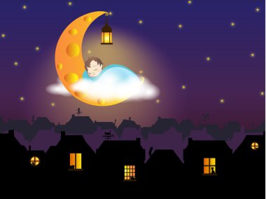 İllüstrasyon - peynir Ay'da fairytale (eski Avrupa) şehir üzerinde uyuyan bir çocuk