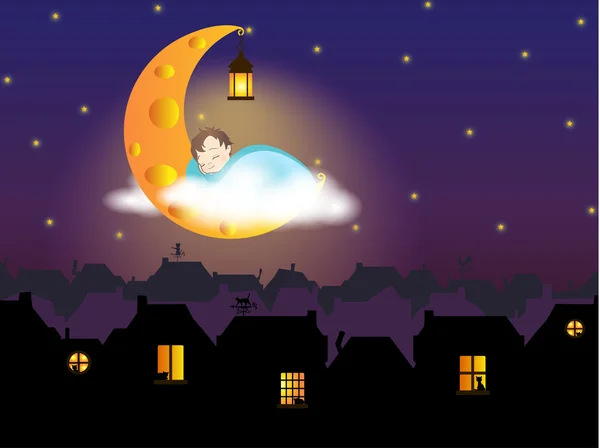 Ilustración - Un niño durmiendo en la luna del queso, encima de la ciudad de cuento de hadas (vieja europea) — Vector de stock