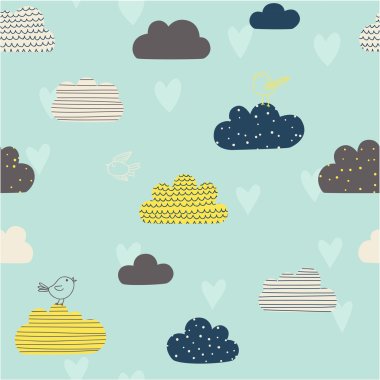 bulutlar, kalpleri ve ile şirin seamless modeli.