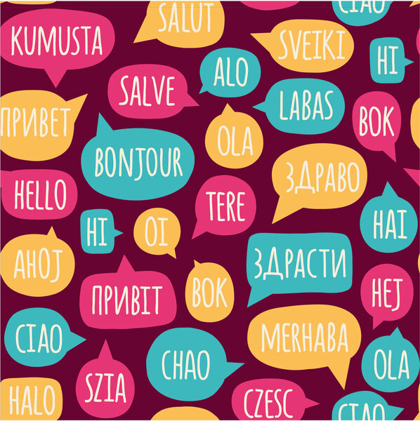 Seamless pattern with speech bubbles with the word hello in different languages