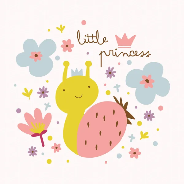 Malá princezna ilustrace roztomilé šnek a květiny. — Stockový vektor