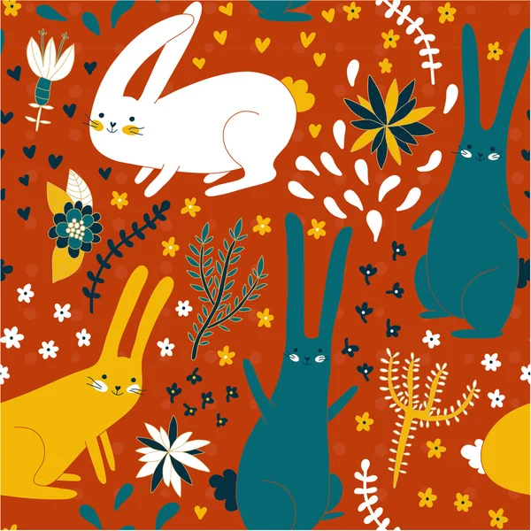 Cute seamless pattern with bunnies and plants — Stock Vector