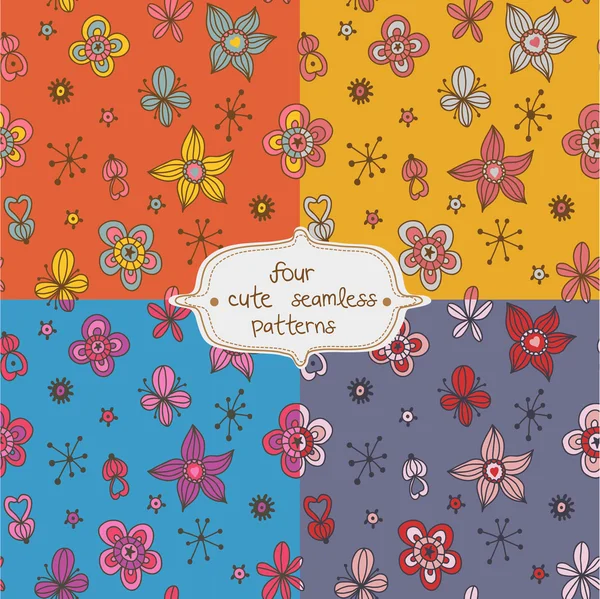 Kollektion von vier schönen Mustern mit Blumen und niedlichen Details — Stockvektor