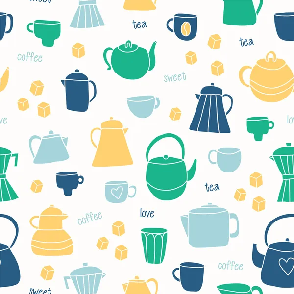 Verschillende thee en koffie cups, potten achtergrond — Stockvector