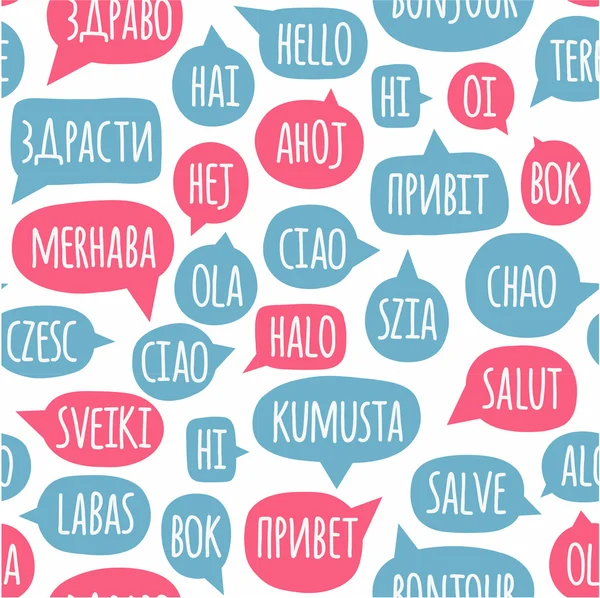 Patrón sin costuras con burbujas de voz con la palabra hola en diferentes idiomas — Archivo Imágenes Vectoriales