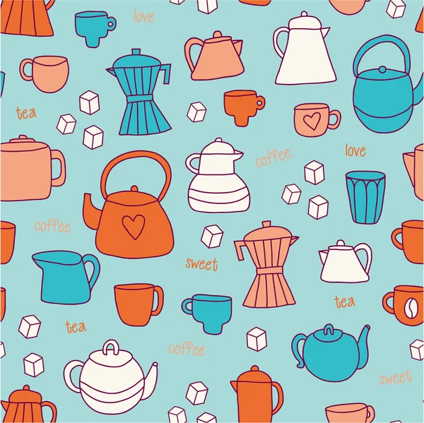 Diferentes tazas de té y café, fondo de macetas . — Vector de stock