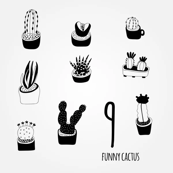 Ensemble de cactus de dessin animé noir et blanc — Image vectorielle